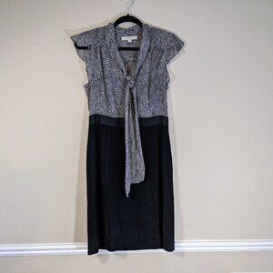 Black & Grey Pattern Top Solid Black Pencil Bottom with Bow Necktie Detail